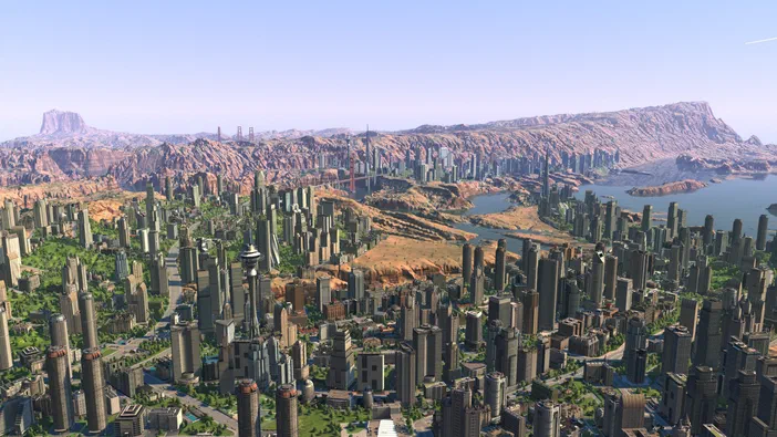Vue aérienne d'une ville futuriste dense avec des gratte-ciels dans un paysage montagneux et lacustre.