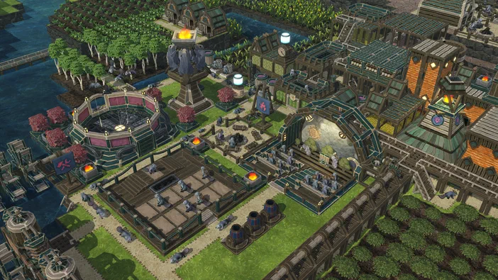 Vue aérienne d'une ville boisée dans le jeu vidéo Timberborn avec des bâtiments en rondins et des rivières.