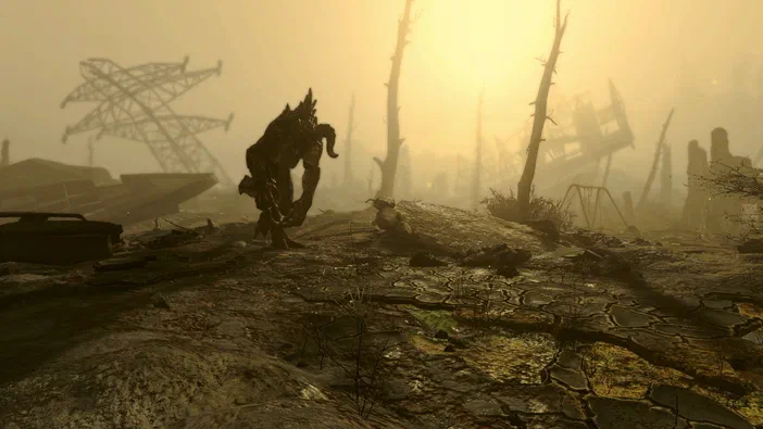 Capture d'écran de Fallout 4 montrant un mutant dans une zone post-apocalyptique en ruine sous un ciel jaune.