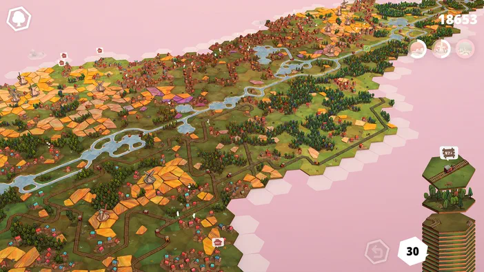 Capture de jeu vidéo Dorfromantik montrant une carte hexagonale avec des champs, forêts et villages construits.