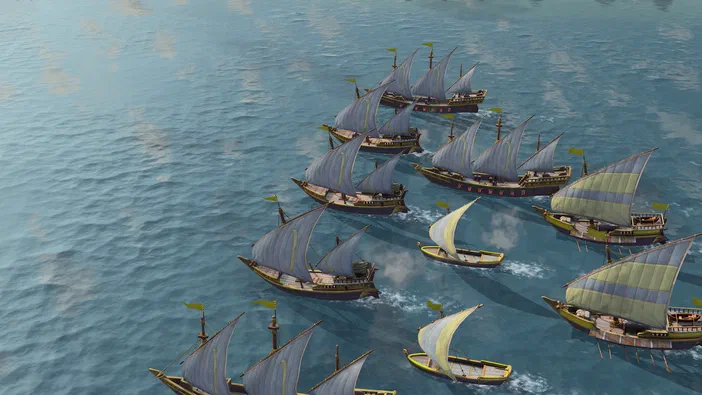 Age of Empires IV : une flotte de navires à voiles naviguant en formation sur la mer.
