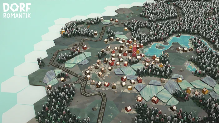 Vue aérienne d'une carte de jeu Dorfromantik avec des maisons colorées entourées de forêts et de lacs.