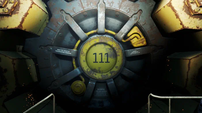 Porte de bunker jaune et grise avec le numéro 111 dans Fallout 4