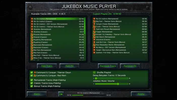 Interface du lecteur de musique Jukebox dans Command & Conquer Remastered Collection