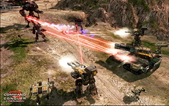 Capture d'écran de Command & Conquer 3: Kane's Wrath montrant des unités et véhicules tirant sur l'ennemi dans un paysage rocheux.