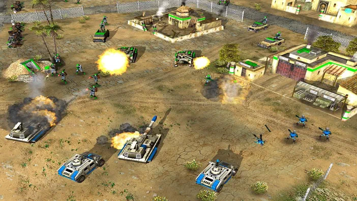 Capture d'écran du jeu vidéo Command & Conquer™: Generals montrant une bataille avec des chars et des soldats dans un décor désertique.