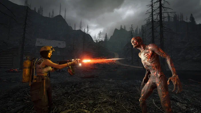 Dans le jeu vidéo 7 Days to Die, une survivante tire sur un zombie dans un paysage post-apocalyptique sombre.