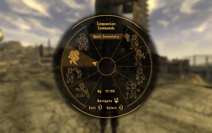 Dans Fallout: New Vegas, l'interface de commande des compagnons affiche un cercle avec plusieurs icônes représentant différentes actions possibles.