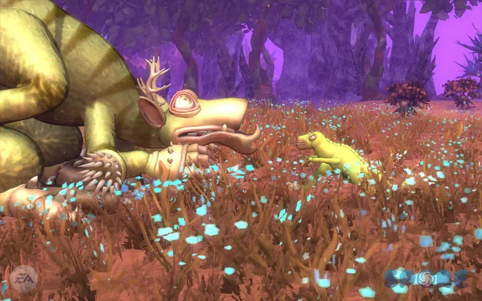 Dans le jeu vidéo Spore, un grand créature jaune à la peau striée et une petite version de cette espèce se tiennent dans un champ parsemé d'herbes brunes et de fleurs bleues scintillantes sous un ciel violet.