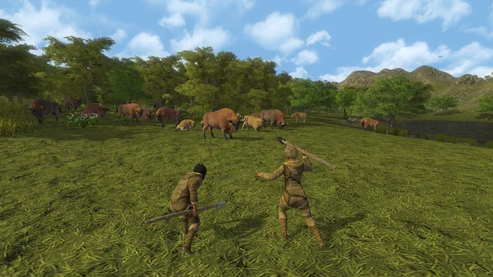 Dans le jeu vidéo Dawn of Man, deux personnages préhistoriques armés de lances se tiennent dans une plaine herbeuse où paissent un grand troupeau d'animaux bruns sous un ciel bleu parsemé de nuages.