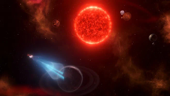 Capture d'écran du jeu vidéo Stellaris montrant une étoile rouge géante entourée de planètes et un vaisseau spatial émettant des faisceaux bleus dans l'espace.