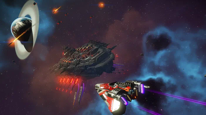 Capture d'écran du jeu vidéo No Man's Sky montrant une flotte de vaisseaux spatiaux dans l'espace avec des planètes et des nébuleuses en arrière-plan.