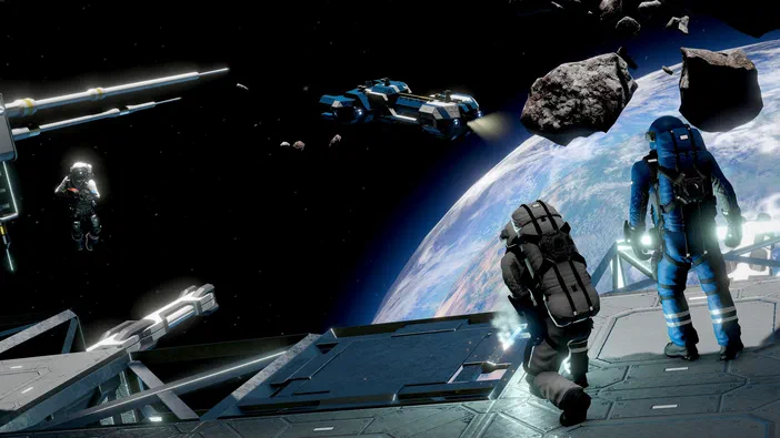 Dans le jeu vidéo Space Engineers, des astronautes se tiennent sur une plateforme spatiale avec la Terre en arrière-plan et un vaisseau au loin.