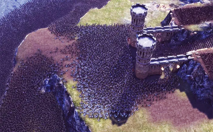 Capture d'écran du jeu Ultimate Epic Battle Simulator montrant une foule de soldats noirs encerclant un château fort en pierre depuis le ciel.