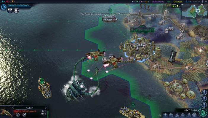 Capture d'écran du jeu Sid Meier's Civilization: Beyond Earth montrant une base coloniale avec des vaisseaux spatiaux et un monstre tentaculaire sur la carte.