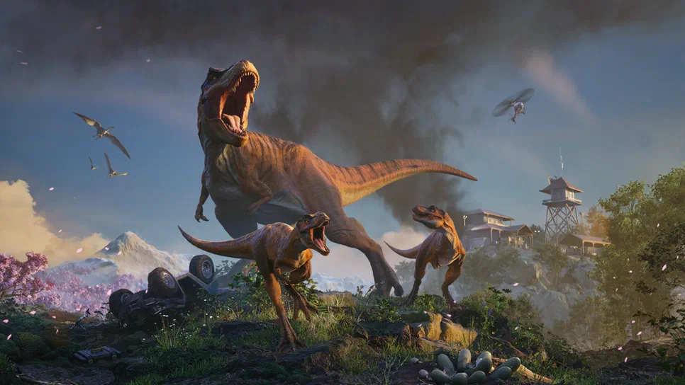 Dans Jurassic World Evolution 3, trois dinosaures braient sur un paysage avec des bâtiments et une montagne enneigée.