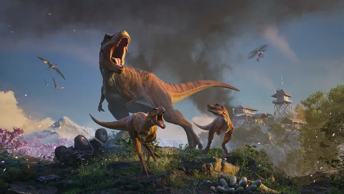 Dans Jurassic World Evolution 3, trois dinosaures braient sur un paysage avec des bâtiments et une montagne enneigée.