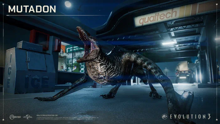 Le Mutadon, un dinosaure à la peau écailleuse et aux dents acérées, se tient dans une station-service nocturne sous le signe Qualitech.