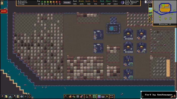 Capture d'écran du jeu de stratégie Dwarf Fortress montrant une base naine avec des bâtiments et des ressources organisés.