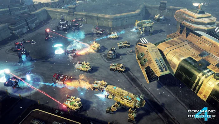 Capture d'écran de Command & Conquer™ 4 Tiberian Twilight montrant une bataille avec des véhicules et structures tirant sur un grand vaisseau spatial.
