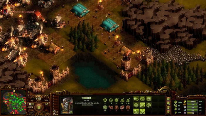 Capture d'écran du jeu de stratégie They Are Billions montrant une base fortifiée avec des bâtiments et des défenses face à un essaim.