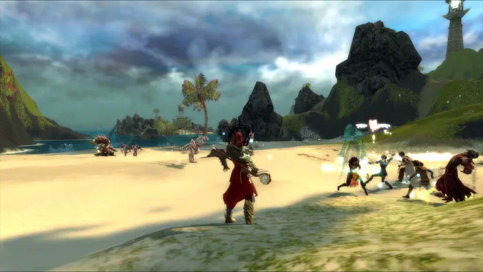 Capture d'écran du jeu Guild Wars Reforged montrant un personnage sur une plage avec des ennemis et des effets de magie.