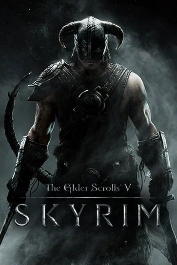 Affiche du jeu vidéo The Elder Scrolls V : Skyrim avec un personnage en armure et casque cornu tenant une épée.