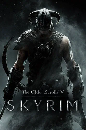 Affiche du jeu vidéo The Elder Scrolls V : Skyrim avec un personnage en armure et casque cornu tenant une épée.