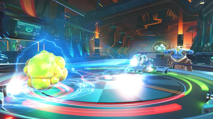 Capture d'écran du jeu vidéo No Man's Sky montrant une scène de combat avec des effets lumineux bleus et verts dans un environnement futuriste.