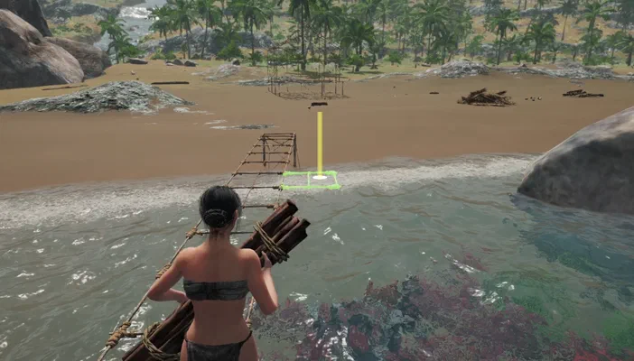 Dans le jeu vidéo Survisland, une femme en bikini se tient sur un radeau de bois face à une plage sablonneuse bordée d'arbres et de rochers.