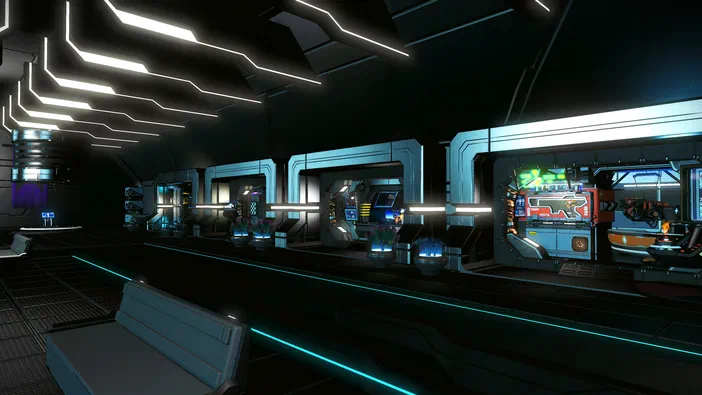 Vue intérieure d'une station spatiale avec des boutiques et un éclairage futuriste dans le jeu No Man's Sky.
