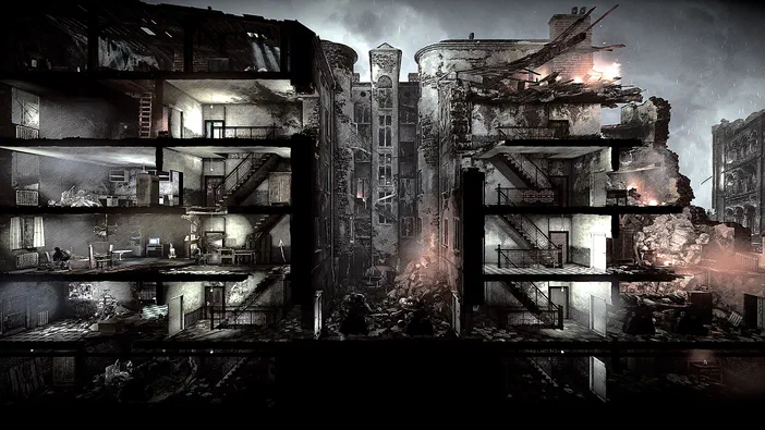 Capture d'écran du jeu vidéo This War of Mine montrant une maison en ruine avec des étages visibles et un ciel sombre.