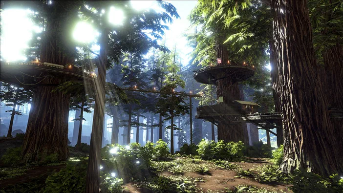 Capture d'écran du jeu vidéo ARK: Survival Evolved montrant une forêt dense avec des plateformes suspendues entre les arbres.