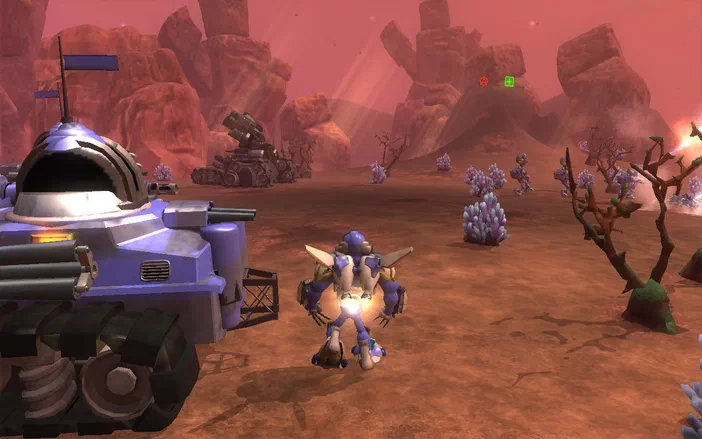 Capture d'écran de Spore: Galactic Adventures montrant un personnage robotique bleu et blanc dans un paysage rouge avec des rochers.