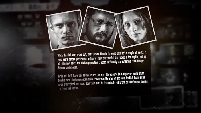 Capture d'écran du jeu vidéo This War of Mine montrant trois portraits de personnages et un texte narratif sur la guerre civile.
