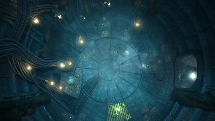 Vue intérieure d'un tunnel métallique bleu dans le jeu Metro 2033