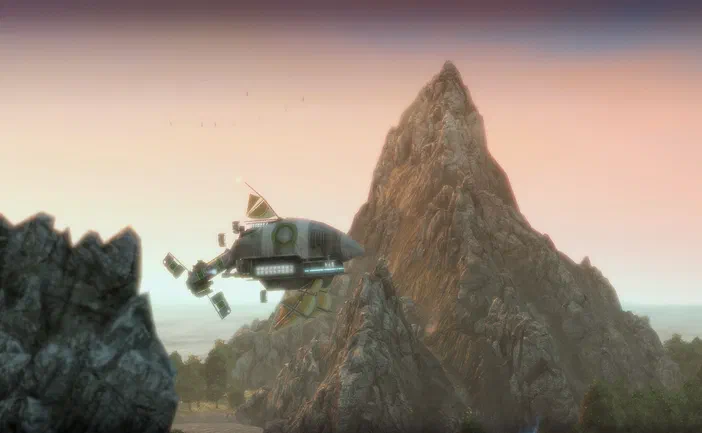 Dans le jeu vidéo Anno 2070, un vaisseau spatial survole des montagnes rocheuses au coucher du soleil.