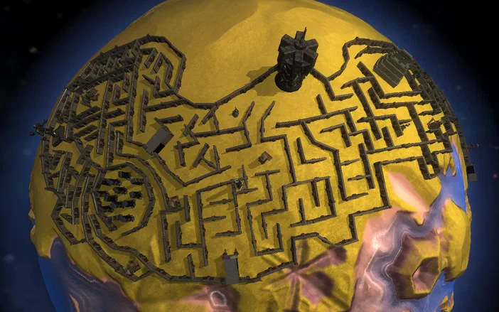 Vue d'une planète jaune dans Spore: Galactic Adventures avec des structures grises et un vaisseau spatial au centre.