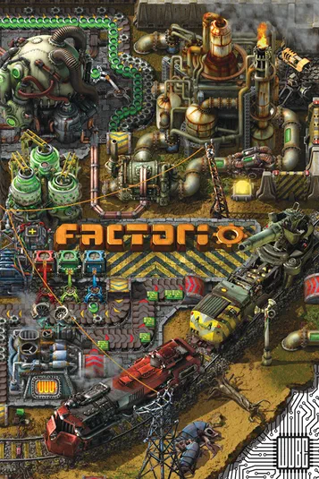 Affiche du jeu vidéo Factorio montrant une usine complexe avec des trains et des machines