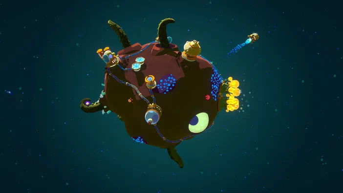 Capture d'écran du jeu vidéo Star Birds montrant un vaisseau spatial sphérique de couleur marron avec des détails bleus et jaunes flottant dans l'espace étoilé.
